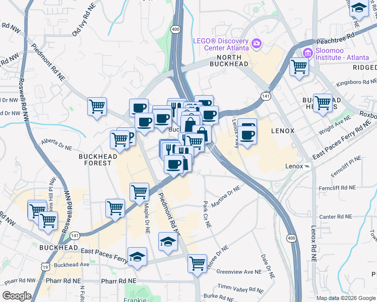 map of restaurants, bars, coffee shops, grocery stores, and more near 3338 Peachtree Road Northeast in Atlanta