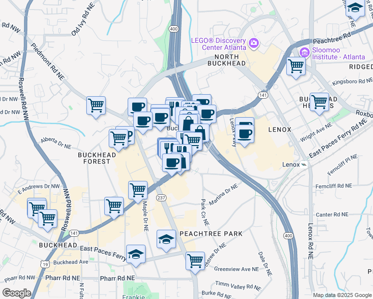 map of restaurants, bars, coffee shops, grocery stores, and more near 3330 Peachtree Street Northeast in Atlanta