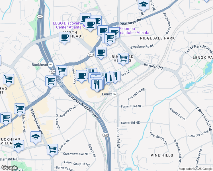 map of restaurants, bars, coffee shops, grocery stores, and more near 3399 Lenox Parkway in Atlanta
