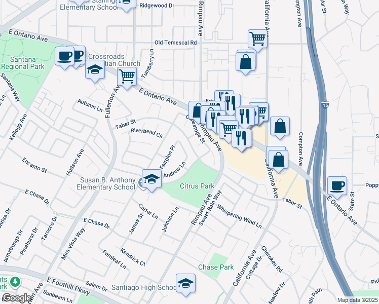 map of restaurants, bars, coffee shops, grocery stores, and more near 1167 Belridge Place in Corona