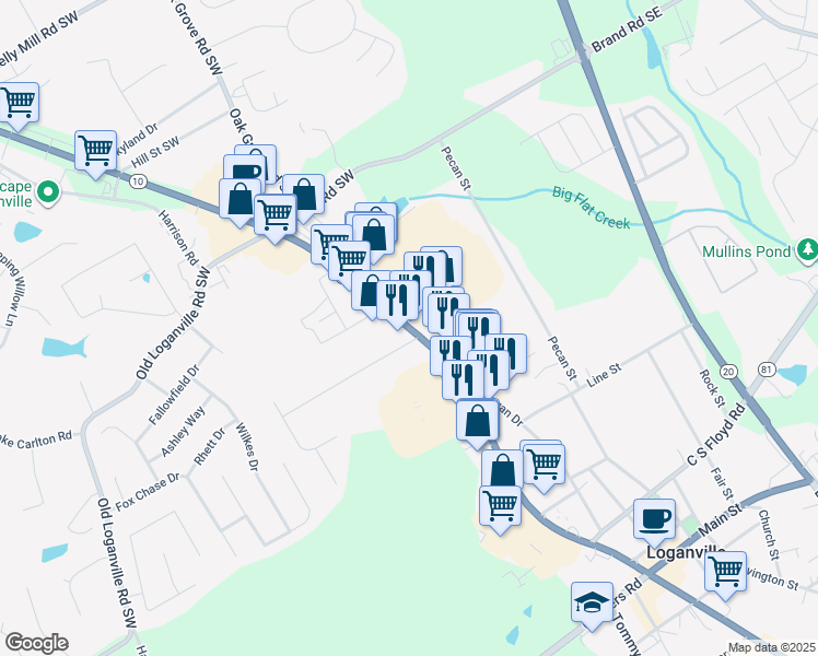 map of restaurants, bars, coffee shops, grocery stores, and more near 4064 Atlanta Highway in Loganville