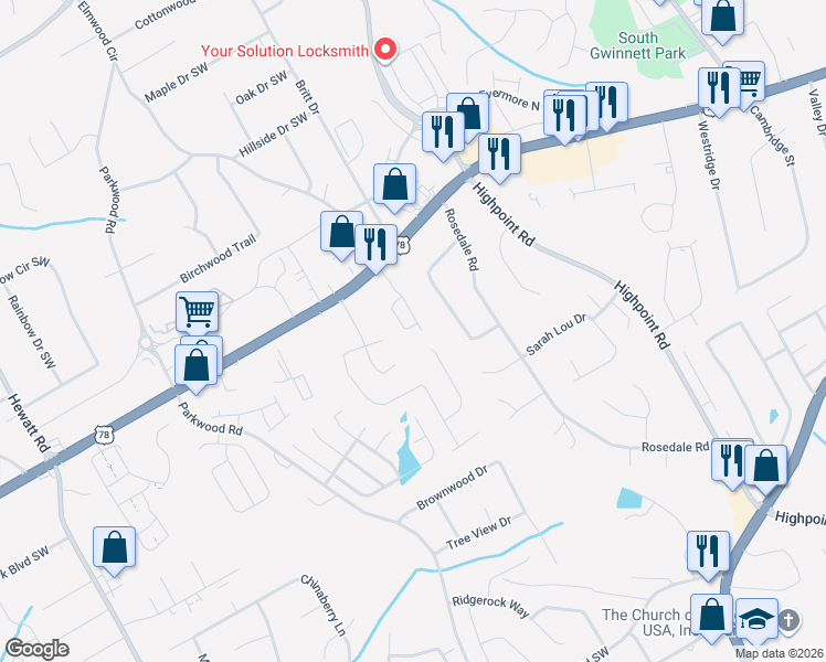 map of restaurants, bars, coffee shops, grocery stores, and more near 3328 Desoto Road in Snellville