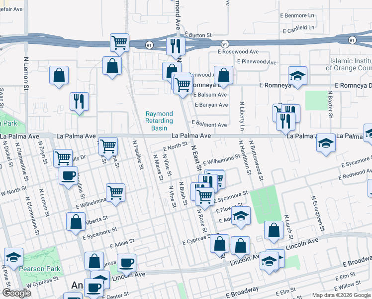 map of restaurants, bars, coffee shops, grocery stores, and more near 753 North East Street in Anaheim