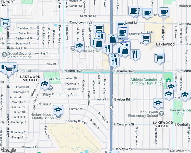 map of restaurants, bars, coffee shops, grocery stores, and more near 4852 Castana Avenue in Lakewood