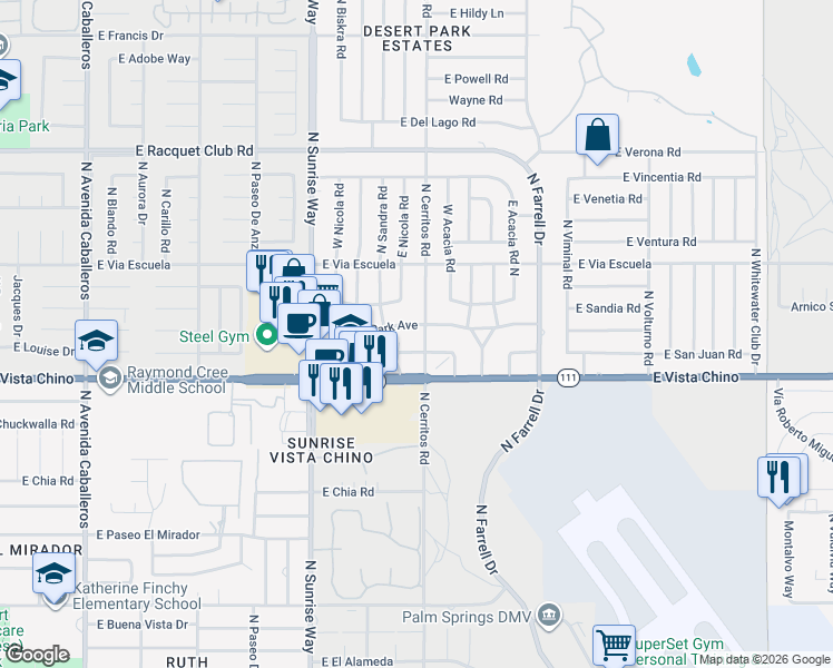 map of restaurants, bars, coffee shops, grocery stores, and more near 2003 East Desert Park Avenue in Palm Springs