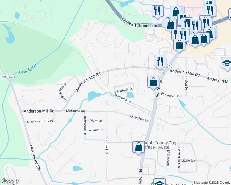 map of restaurants, bars, coffee shops, grocery stores, and more near 1999 Padgett Drive in Austell