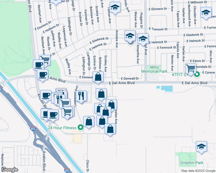 map of restaurants, bars, coffee shops, grocery stores, and more near 1100 E Del Amo Blvd in Carson