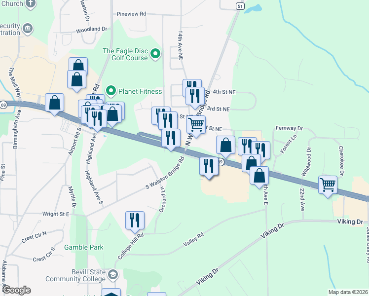 map of restaurants, bars, coffee shops, grocery stores, and more near 1301 Highway 78 East in Jasper