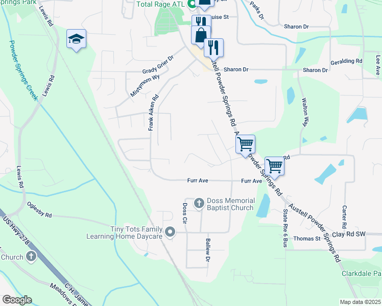 map of restaurants, bars, coffee shops, grocery stores, and more near 3990 Brushy Street in Powder Springs