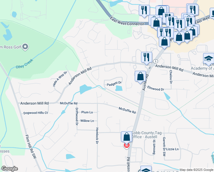 map of restaurants, bars, coffee shops, grocery stores, and more near 1993 Padgett Drive in Austell