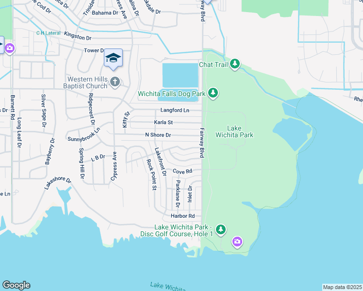 map of restaurants, bars, coffee shops, grocery stores, and more near 4619 Meadow Lake Drive in Wichita Falls