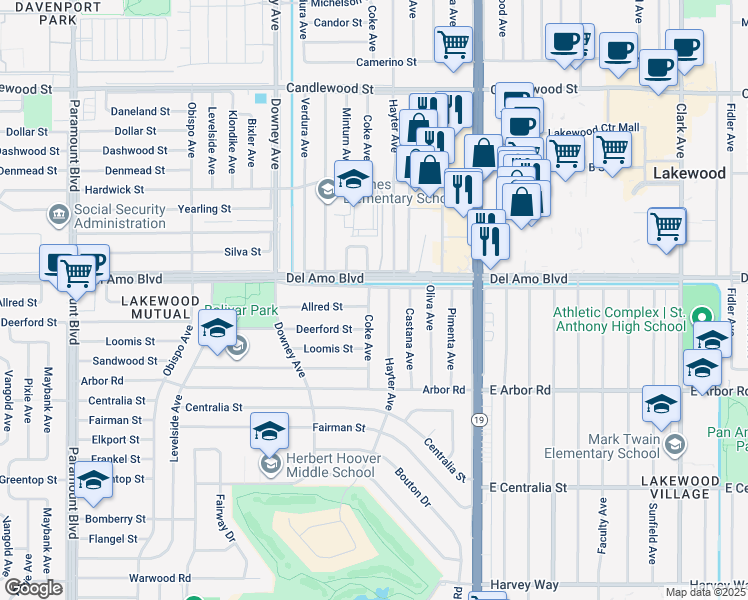 map of restaurants, bars, coffee shops, grocery stores, and more near 4836 Coke Avenue in Lakewood