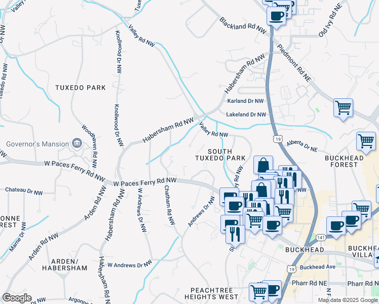 map of restaurants, bars, coffee shops, grocery stores, and more near 3368 Valley Circle Northwest in Atlanta