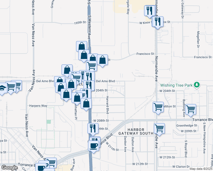 map of restaurants, bars, coffee shops, grocery stores, and more near 20341 Harvard Boulevard in Torrance