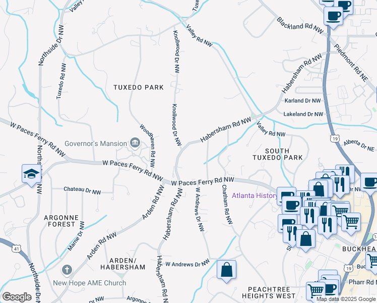 map of restaurants, bars, coffee shops, grocery stores, and more near 3337 Habersham Road Northwest in Atlanta