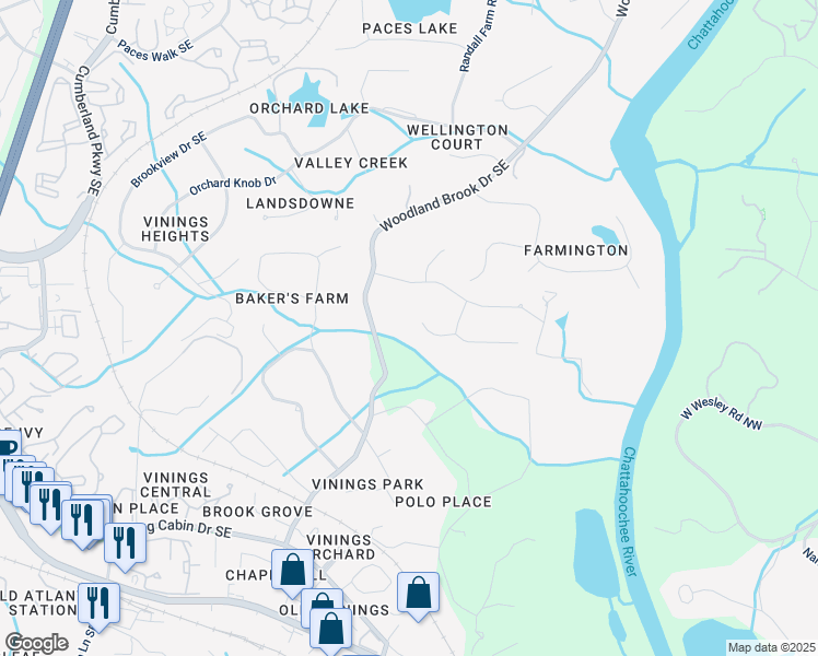 map of restaurants, bars, coffee shops, grocery stores, and more near 2980 Bakers Meadow Lane Southeast in Atlanta