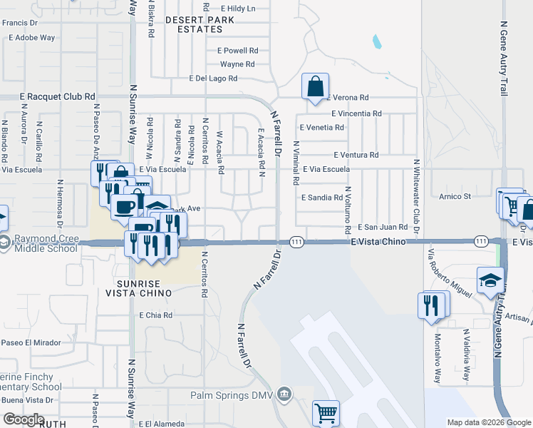 map of restaurants, bars, coffee shops, grocery stores, and more near 1880 Sharon Road in Palm Springs