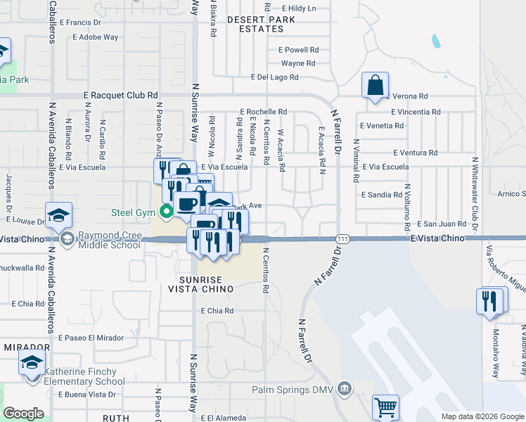 map of restaurants, bars, coffee shops, grocery stores, and more near 2003 East Desert Park Avenue in Palm Springs