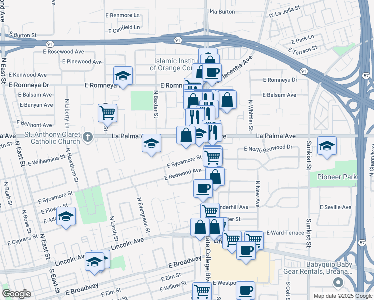 map of restaurants, bars, coffee shops, grocery stores, and more near 1919 East Sycamore Street in Anaheim