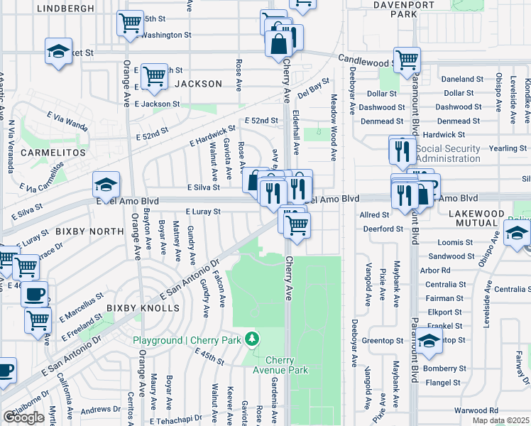 map of restaurants, bars, coffee shops, grocery stores, and more near 1948 East Del Amo Boulevard in Long Beach