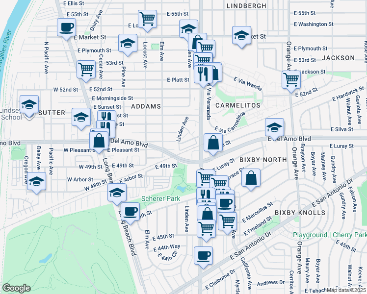 map of restaurants, bars, coffee shops, grocery stores, and more near 510 East Pleasant Street in Long Beach