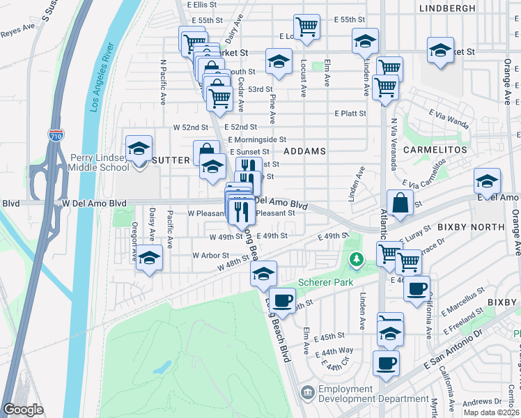 map of restaurants, bars, coffee shops, grocery stores, and more near 146 East Pleasant Street in Long Beach