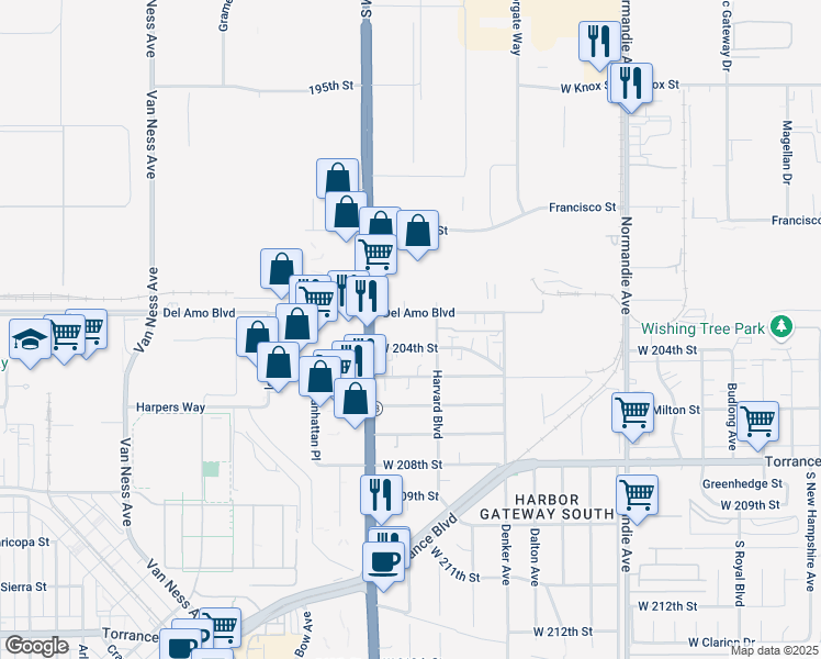 map of restaurants, bars, coffee shops, grocery stores, and more near 1639 West 204th Street in Torrance