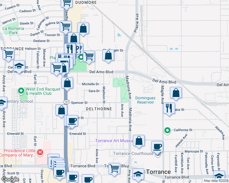 map of restaurants, bars, coffee shops, grocery stores, and more near 20429 Osage Avenue in Torrance