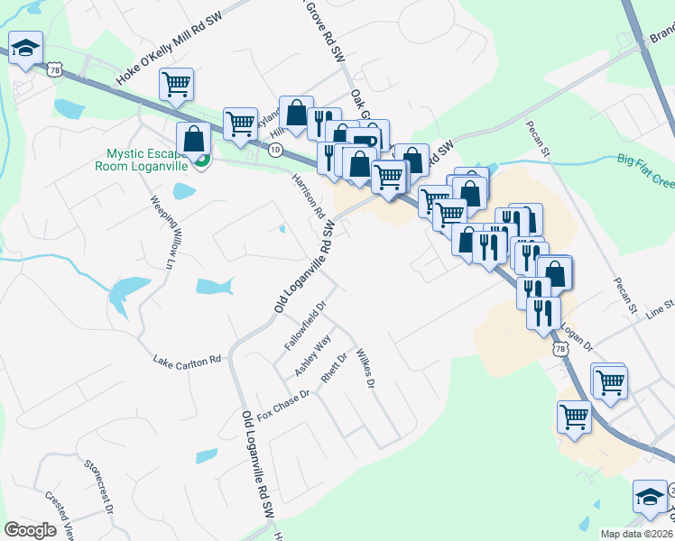 map of restaurants, bars, coffee shops, grocery stores, and more near 504 Chase Court in Loganville