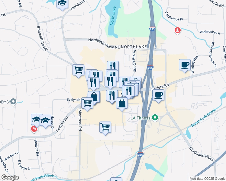 map of restaurants, bars, coffee shops, grocery stores, and more near 3983 Lavista Road in Tucker