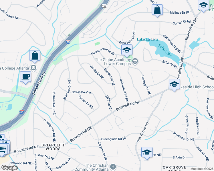 map of restaurants, bars, coffee shops, grocery stores, and more near 2118 Allaire Lane Northeast in Atlanta