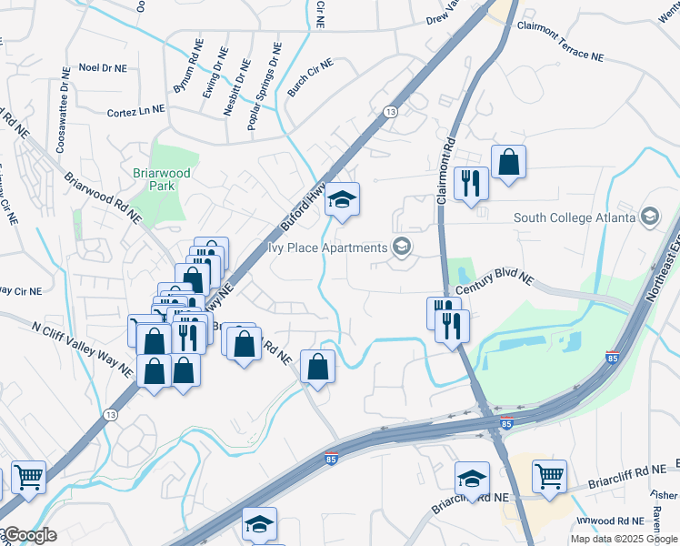 map of restaurants, bars, coffee shops, grocery stores, and more near 1653 Clairmont Court Northeast in Atlanta