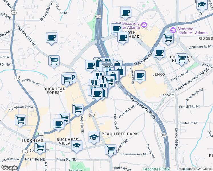 map of restaurants, bars, coffee shops, grocery stores, and more near in Atlanta