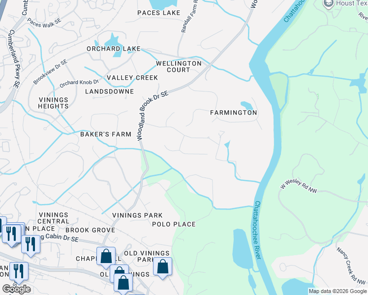 map of restaurants, bars, coffee shops, grocery stores, and more near 3025 Bakers Meadow Southeast in Atlanta