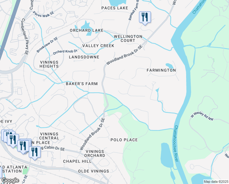 map of restaurants, bars, coffee shops, grocery stores, and more near 2980 Bakers Meadow Lane Southeast in Atlanta