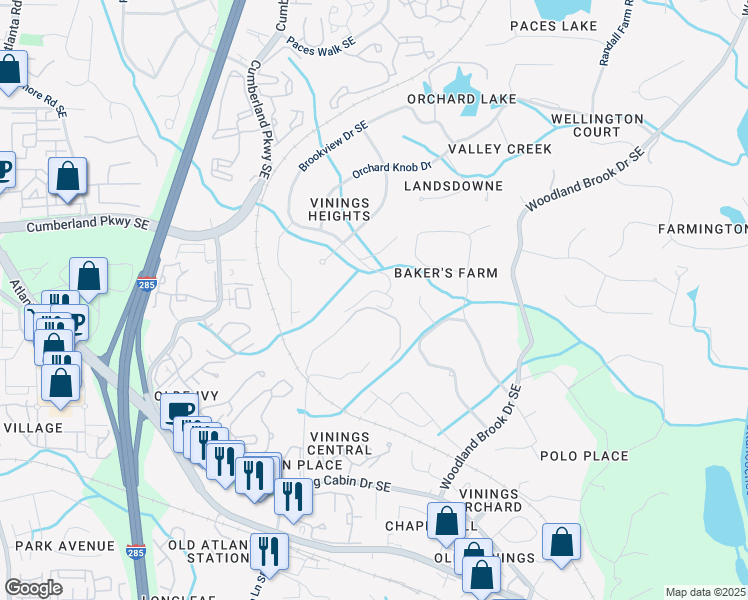 map of restaurants, bars, coffee shops, grocery stores, and more near 4403 Brookview Drive Southeast in Atlanta