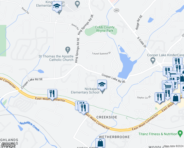 map of restaurants, bars, coffee shops, grocery stores, and more near 2162 Berryhill Circle Southeast in Smyrna