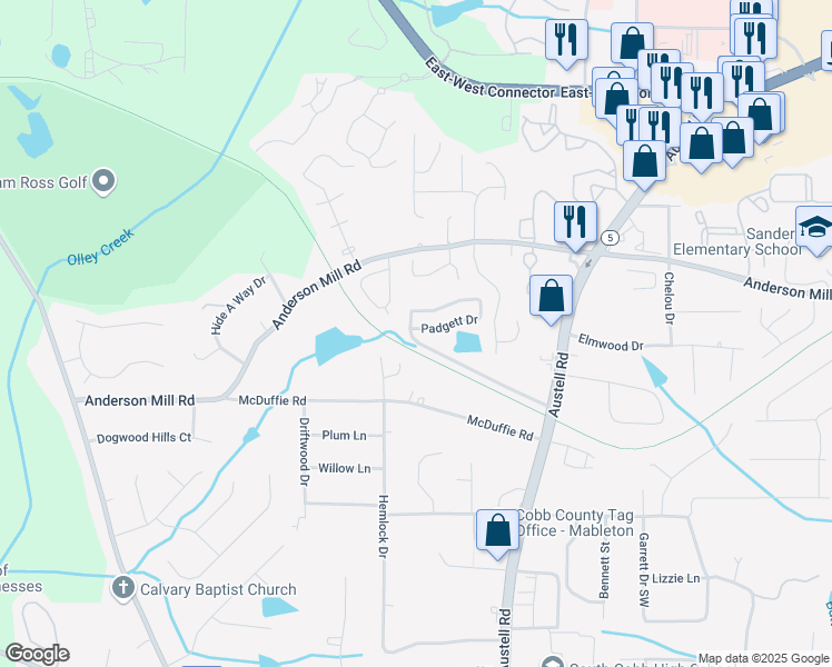 map of restaurants, bars, coffee shops, grocery stores, and more near 1997 Padgett Drive in Austell
