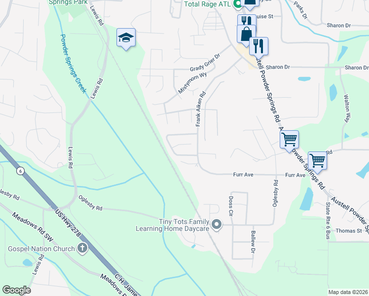 map of restaurants, bars, coffee shops, grocery stores, and more near 4368 Port Lane in Powder Springs