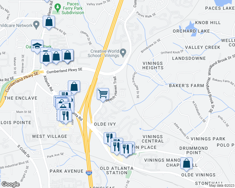 map of restaurants, bars, coffee shops, grocery stores, and more near 2435 Folly Lane in Atlanta