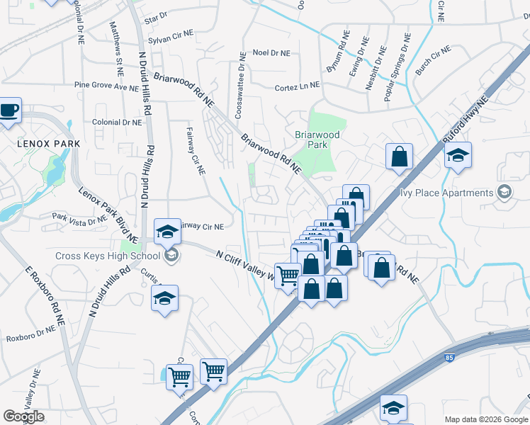 map of restaurants, bars, coffee shops, grocery stores, and more near 2162 Prestwick Court Northeast in Brookhaven