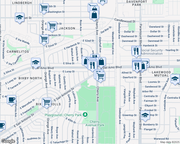 map of restaurants, bars, coffee shops, grocery stores, and more near 1948 East Del Amo Boulevard in Long Beach