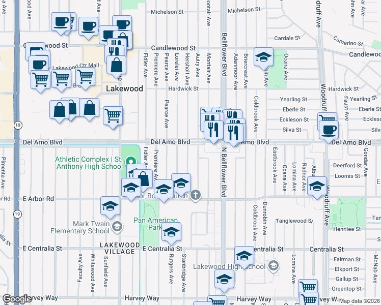 map of restaurants, bars, coffee shops, grocery stores, and more near 4838 Hersholt Avenue in Long Beach