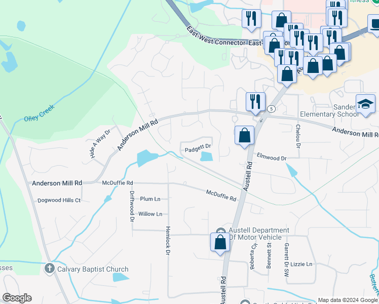 map of restaurants, bars, coffee shops, grocery stores, and more near 1987 Padgett Drive in Austell