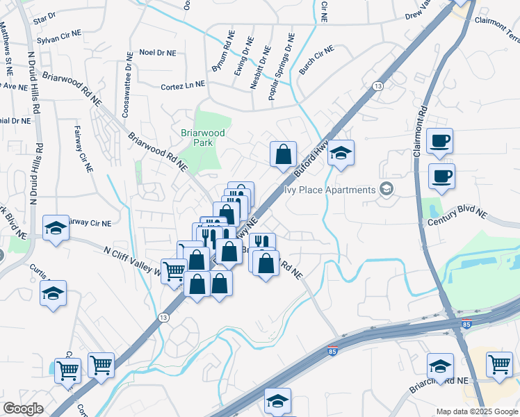 map of restaurants, bars, coffee shops, grocery stores, and more near 3460 Georgia 13 in Atlanta