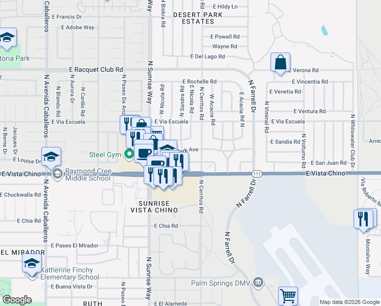 map of restaurants, bars, coffee shops, grocery stores, and more near 2003 East Desert Park Avenue in Palm Springs