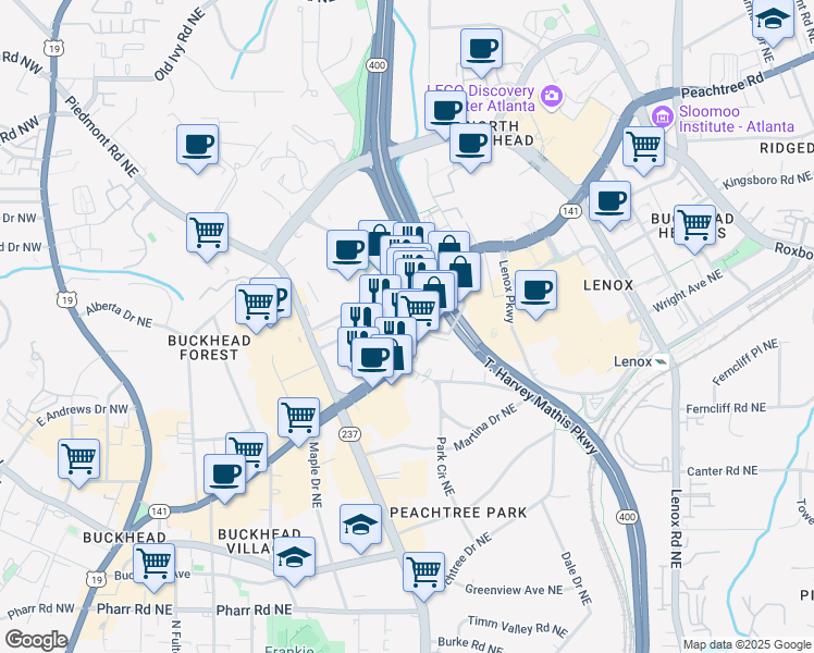 map of restaurants, bars, coffee shops, grocery stores, and more near 3330 Peachtree Road in Atlanta