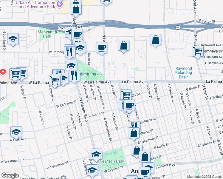 map of restaurants, bars, coffee shops, grocery stores, and more near 909 North Zeyn Street in Anaheim