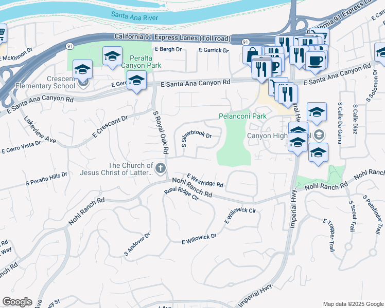 map of restaurants, bars, coffee shops, grocery stores, and more near 399 South Smokeridge Terrace in Anaheim