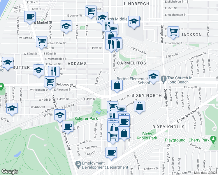 map of restaurants, bars, coffee shops, grocery stores, and more near 1932 Atlantic Avenue in Long Beach